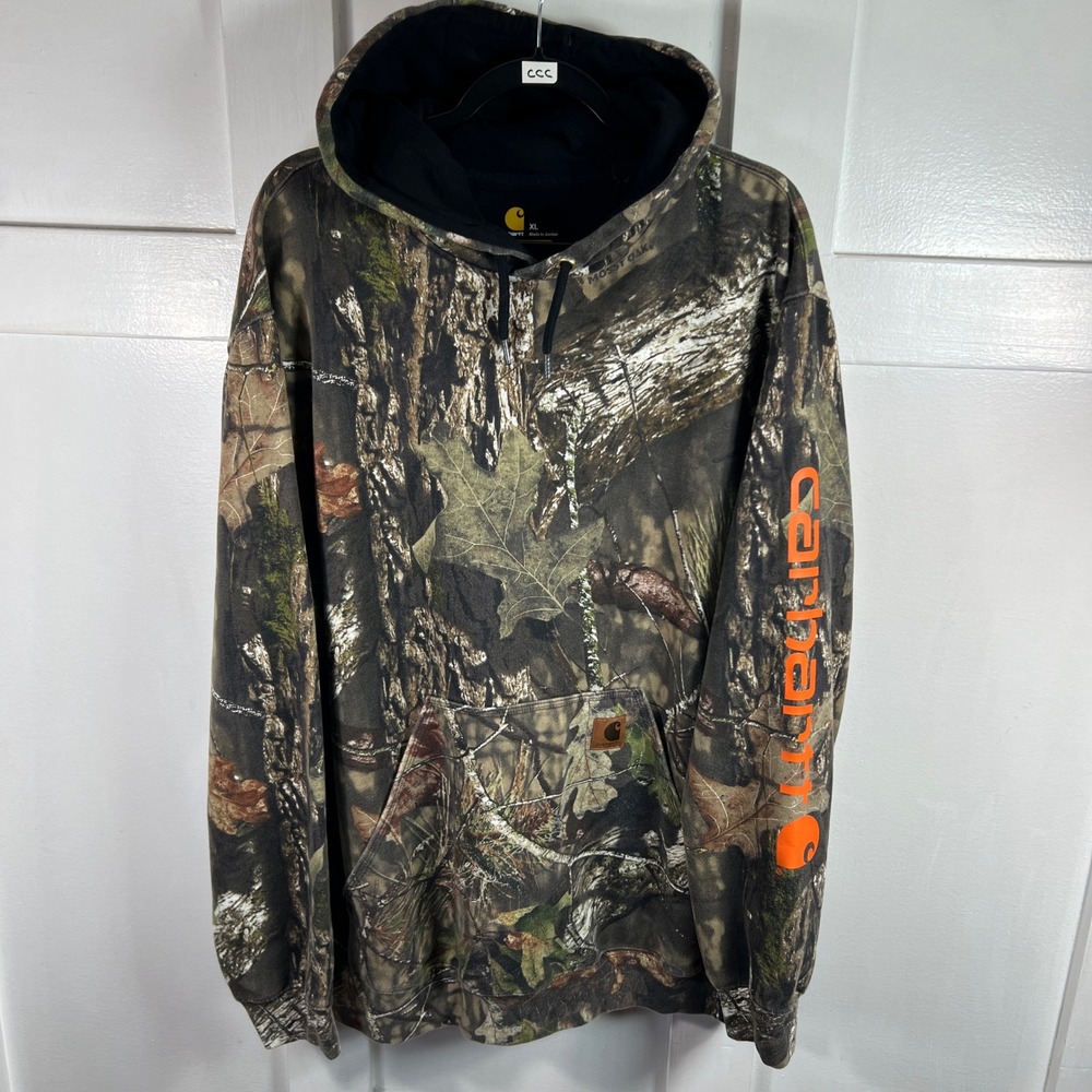 Carhartt Mens XL Mossy Oak Camo Orange Logo Sleeve Hoodie Original Fit